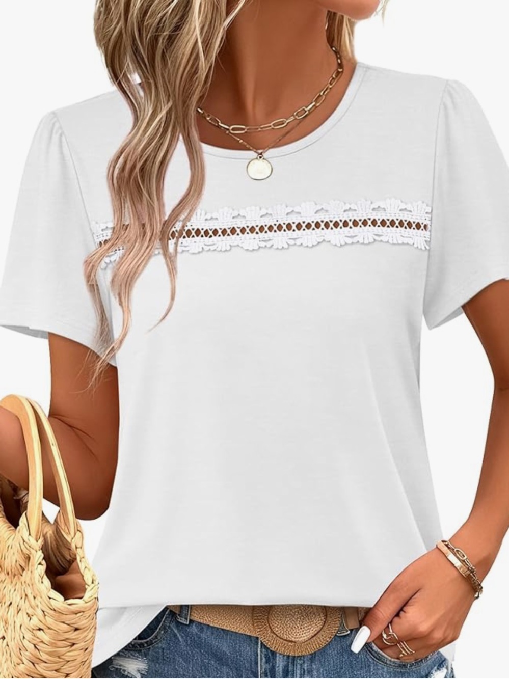 Chic Nation White Lace-Trim Short Sleeve Tee